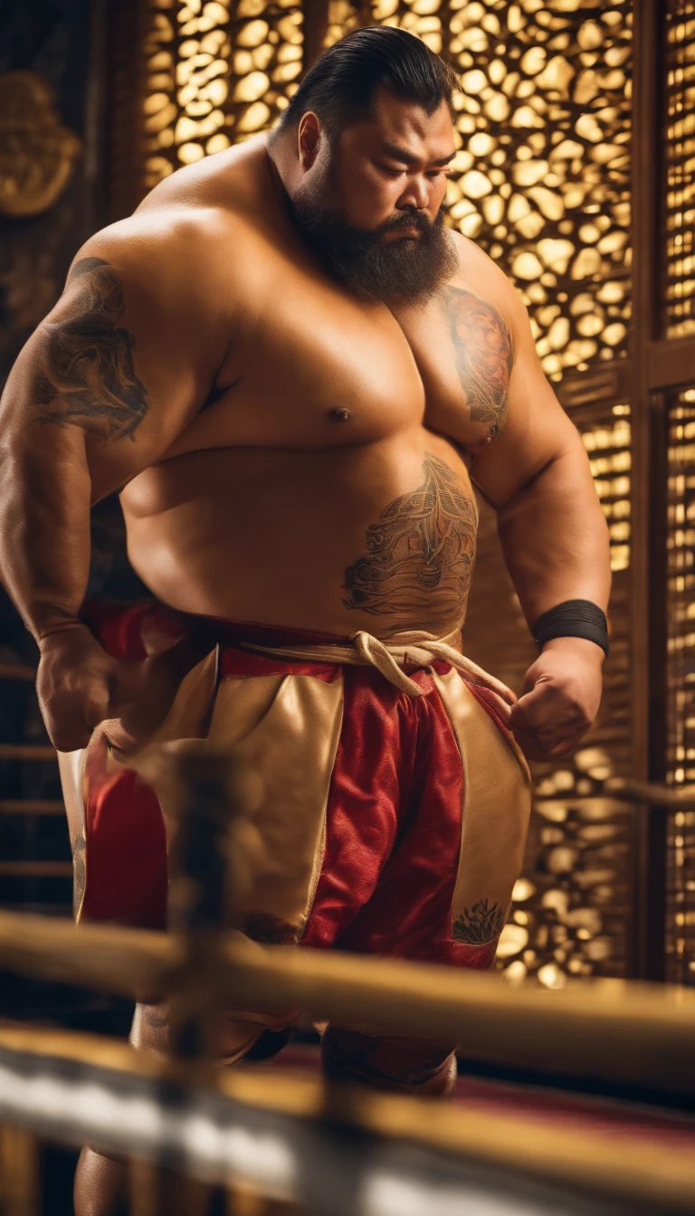 That's excellent, amazing, Ultra HD, Realistic, , Bokeh, Beautiful light, Shiny skin,big、Giant、Sumo wrestlers Thick Muscles Muscles that swell Upper Body Tattoo Japanese Pattern