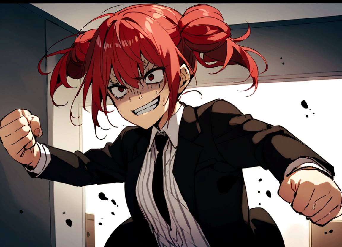 Red hair、Black suit、punch、Scary smile、office、Daytime、punching,Front facing,Momentum、Front facing