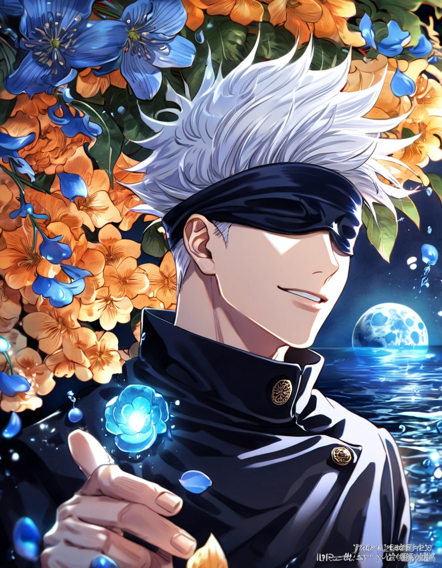 absurdres, highres, ultra detailed, HDR, master piece, Gojou Satoru, white hair, blindfolded eyes, black shirt, Jujutsu Kaisen, man, handsome, best quality, blue moon, flowers, fantasy, magical, solo, water, blue shining fireflies, blue petals, Jujutsu Kaisen uniform, handsome smile