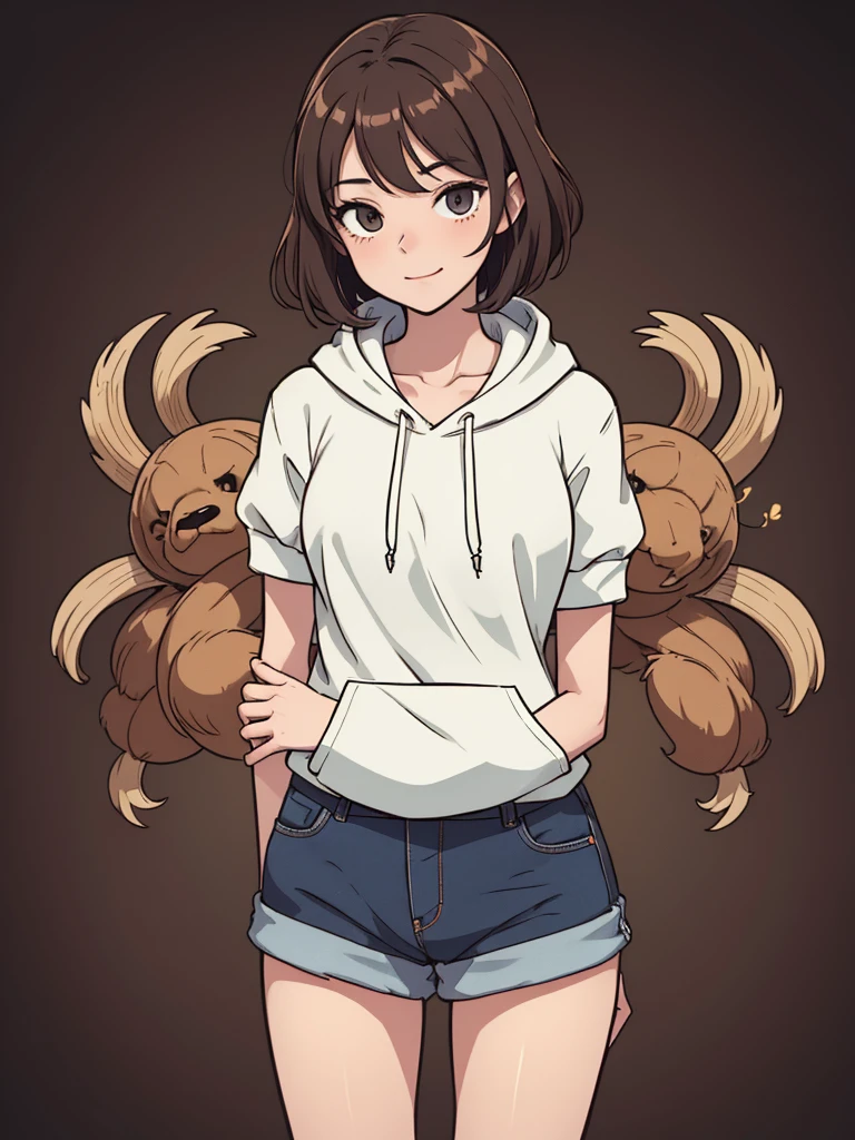 (((masterpiece, best quality, ultra highres, 1 girl, solo, no background))), super detailed skin and face and eyes and finger, beautiful japanese woman, small breasts:1.5, skinny, light brown hair, white background, very short curly pixie hair, (an illustration of girl), Knee shot, Generate with illustrations, Various expressions, Various poses, Please draw the entire character within the frame, ensuring that the head, arms, and legs are not cut off. The background should be simple, with the character positioned centrally, outline, anime, hoodie, laugh, boyish,