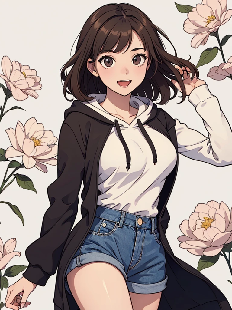 (((masterpiece, best quality, ultra highres, 1 girl, solo, no background))), super detailed skin and face and eyes and finger, beautiful japanese woman, small breasts:1.5, skinny, light brown hair, white background, very short curly pixie hair, (an illustration of girl), Knee shot, Generate with illustrations, Various expressions, Various poses, Please draw the entire character within the frame, ensuring that the head, arms, and legs are not cut off. The background should be simple, with the character positioned centrally, outline, anime, hoodie, laugh, boyish,