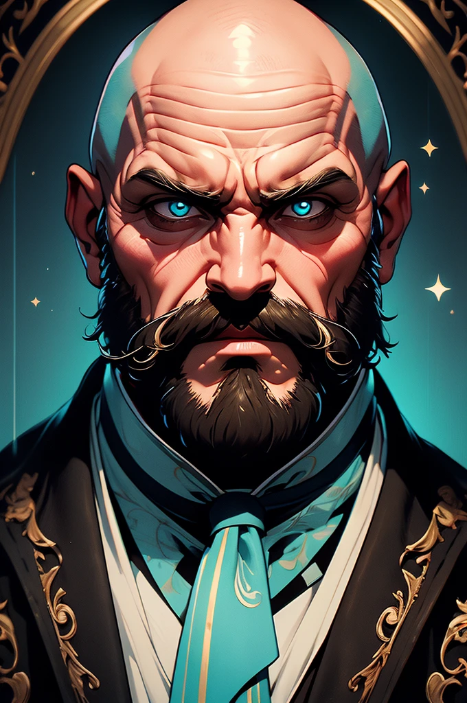 [32k, 8k, very detailed image, masterpiece], mature man, 46 years old, bald, thick and big blond mustache, deep cyan eyes, medieval bartender outfit, guild setting, [staring at viewer, evil expression -humorous]