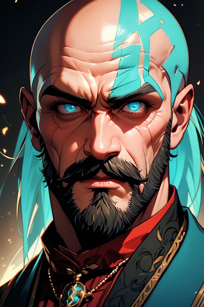 [32k, 8k, very detailed image, masterpiece], mature man, 46 years old, bald, thick and big blond mustache, deep cyan eyes, medieval bartender outfit, guild setting, [staring at viewer, evil expression -humorous]