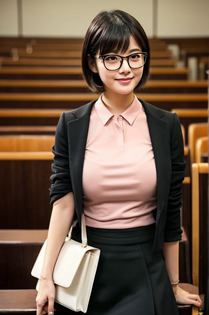 Adult sex appeal、Sexy female scholar、University lecture hall, university psychology associate professor, ((full body)), ((photo)), ((best qualtiy, 8K, tmasterpiece:1.3)), Focus:1.2, perfect figure beautiful woman:1.41woman, cowboy shot, look at viewer, eyes facing the camera, incredibly absurd, beautiful and cute woman with a photorealistic face, showcasing top-quality craftsmanship, A Japanese woman giving a lecture at a university lecture hall, 27 years old, with a bob cut and flipped hair, short bangs swept at an angle, smooth and shiny hair, natural hairline, fair and smooth skin, plump and healthy cheeks, large, jet black eyes, round eyes, long and upward-facing eyelashes, double eyelids, thin and straight eyebrows, small and round nose, plump lips, upturned corners of the mouth, charming smile, cute face, glamorous, well-balanced proportions, tall, beautiful D-cup breasts, silver-rimmed glasses, pink blouse, black tight skirt, fashion with a waist-marked silhouette, scarf, heeled shoes, vanilla perfume, beautiful, pretty older woman, glasses suit her, knowledgeable, playful, curious, smart, elegant, November