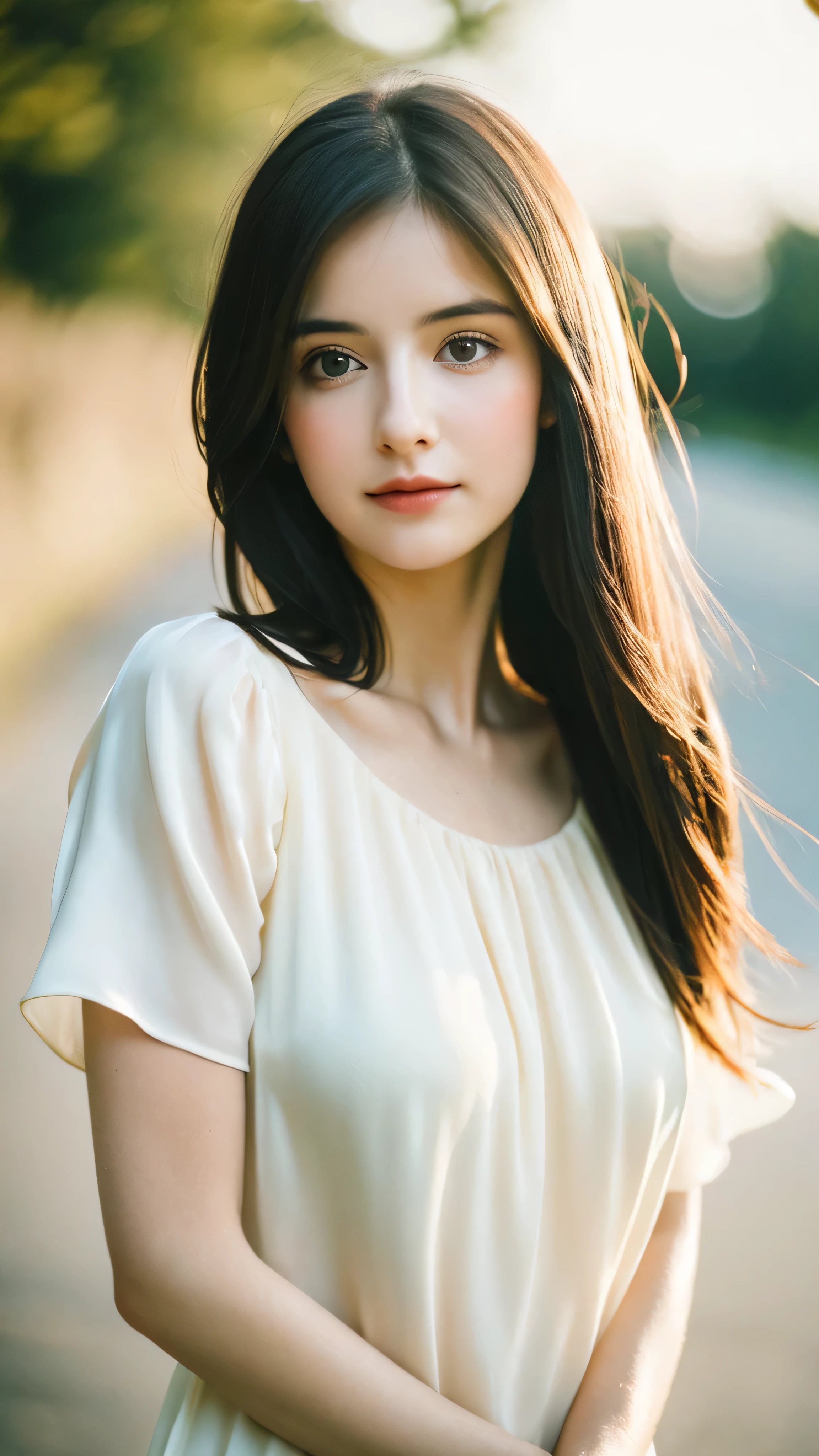 (Random Nationality):1.5, masterpiece, Highest quality, 8K, 20th Generation, (Large Breasts:1.2), cute, alone, sad, close, cute, Girlish, Delicate girl, Pure beauty, RAW Photos, Professional photography, Portraiture, Soft Light, Professional Lighting, Backlight, Upper Body, avert your eyes, Sophisticated, Film Grain, (Eyes and facial details:1.0), Beautiful straight hair, Hair swaying in the wind, Silk blouse, Random hairstyle