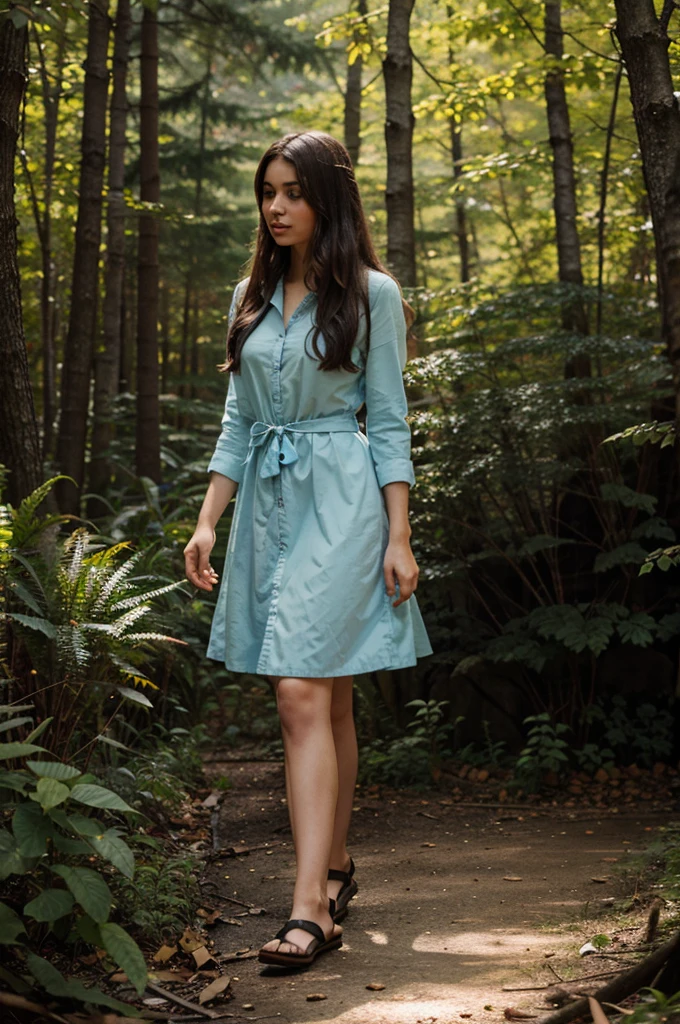 Illustration for a fairy tale about a girl, standing in the forest, who knows how to talk to animals