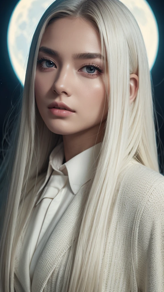 masterpiece, Highest quality, (alone focus), (Perfect Face:1.1), (High detail:1.1), (Ultra-detailed eyes), dramatic, 1 person, (Pale skin), Long white hair, Psychic Eyes, (Thin eyebrows), alone, Long Hair, Tiago Azevedo, moon, night, White luxury suit, Pouting, fur, Proud look,Beach, Detailed Background, Art by artgerm, Cinema Lighting, rose, fashion, Balenciaga Style、Alluring expression

