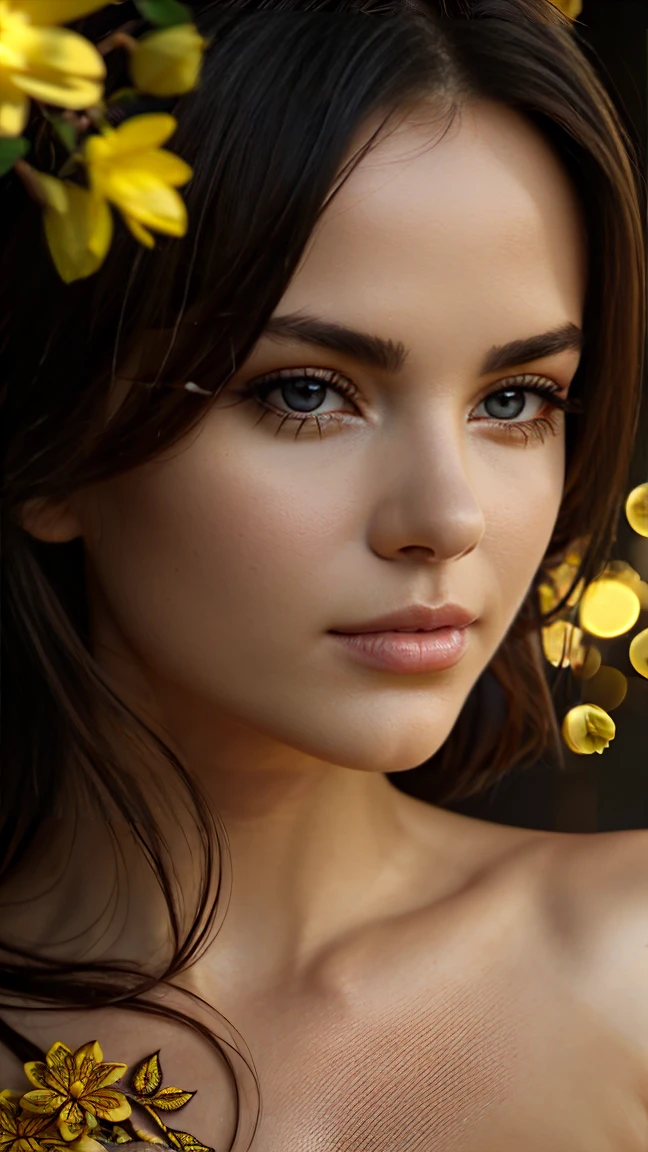 A beautiful detailed woman, a light gold screen applied to the intricate and detailed golden face like a tattoo, (best quality, 4k, 8k, high resolution, masterpiece: 1.2), ultra-detailed, (realistic, photorealistic, photorealistic: 1.37) , HDR, UHD, studio lighting background with yellow flowers, ultra-fine painting, sharp focus, physically based rendering, extreme detail depiction, professional, vivid colors, hyper-realistic, cinematic lighting, elegant, seductive, captivating, stunning , flawless skin, penetrating eyes, full lips, striking features, glowing, radiant, breathtaking skin.