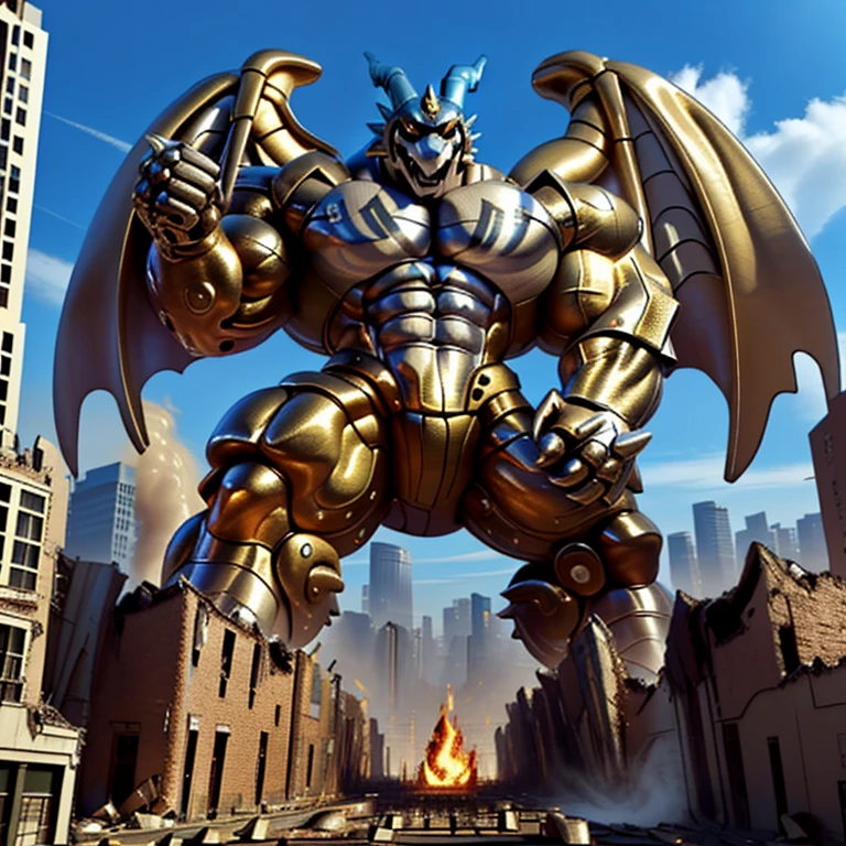 (Solo. masterpiece. official art. 8k. best quality. detailed full body. full body.)
(situation 1 : dominating exveemon. exveemon is over 1000 meters long. focus GIANT mechanical Muscular exveemon is trampling the city. Looking down. macro. stomp. Low-angle perspective. emphasizing the immense size. He is much bigger than a skyscraper. Giga Giants. looking down. foot focus, (soles:1.2))

(situation 2 :smoke and flames rising from the destruction in the city)

(Additional details 1: wearing a full-face helmet. golden armor. Armored Flazzard. Armored_Flazzard. high-tech bio-mecha armor. real texture material. whole body shines like metal. Wearing cyberpunk mecha. emphasizes the muscles. suit fully made of metal. intricate armor. Robotic suit. suit fully made of metal. cyborg. He is wearing a golden cloak.). FantasyKnightV1

(Additional details 2: (Detailed head. Detailed Body. Detailed abs. gigantic muscles. HYPER MUSCLES. Gigachad Muscular. big muscle. pecs. triceps. traps. unusually developed muscular body. body full of huge muscles. showing off muscles. pectorales enormes. Exaggeratedly huge muscles. huge muscles. long legs.).

(Additional details 3: Spread wings. It has wings. have big wings. The claws are sharp. Sharp teeth).