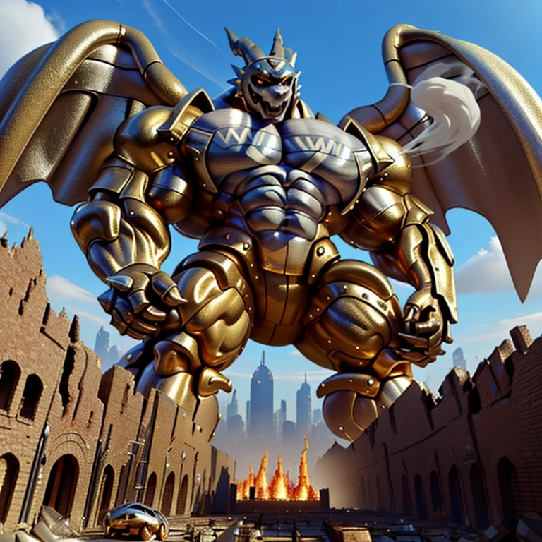 (Solo. masterpiece. official art. 8k. best quality. detailed full body. full body.)
(situation 1 : dominating exveemon. exveemon is over 1000 meters long. focus GIANT mechanical Muscular exveemon is trampling the city. Looking down. macro. stomp. Low-angle perspective. emphasizing the immense size. He is much bigger than a skyscraper. Giga Giants. looking down. foot focus, (soles:1.2))

(situation 2 :smoke and flames rising from the destruction in the city)

(Additional details 1: wearing a full-face helmet. golden armor. Armored Flazzard. Armored_Flazzard. high-tech bio-mecha armor. real texture material. whole body shines like metal.). 

(Additional details 2: (Detailed head. Detailed Body. Detailed abs. gigantic muscles. HYPER MUSCLES. Gigachad Muscular. big muscle. pecs. triceps. traps. unusually developed muscular body. body full of huge muscles. showing off muscles. pectorales enormes. Exaggeratedly huge muscles. huge muscles. long legs.).

(Additional details 3: Spread wings. It has wings. have big wings. The claws are sharp. Sharp teeth).