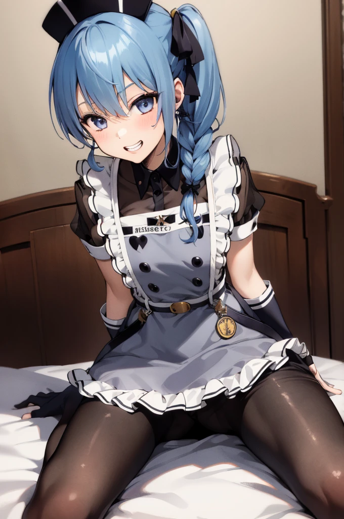 1girl, solo, detailed face, , , SuiseiMaid, long hair, single braid, black nurse cap, double-breasted grey apron, chest belt, elbow gloves, crinoline, (((black pantyhose))),,,,looking viewer,side ponytail,small breasts,on bed,open legs,spread legs,,grin