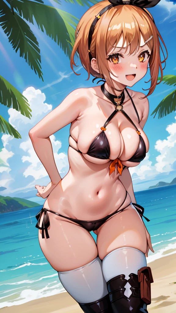 orange eyes,smile,,,,solo,,big breasts,saggy breasts,blush,,narrow waist,,hairband,short hair,micro bikini,beach,open mouth,cleavage,narrow thigh,narrow hip,from behind