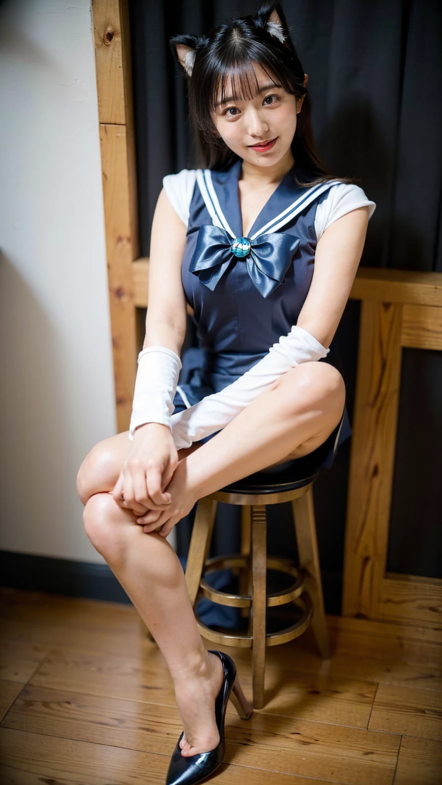 (8K、RAW Photos、Highest quality、masterpiece:1.2)、(Realistic、Realistic)、1 Girl、((Sailor Moon Costume:1.2、Thin legs、whole body、View from the front、smile、Looking into the camera、Spread your legs while squatting))、cute