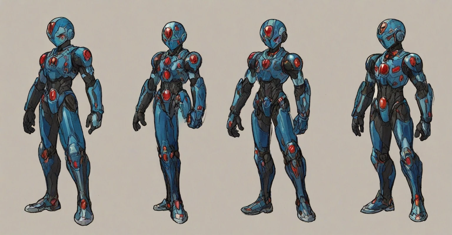 in kinu-sensei artstyle, Kinu Nishimura style, muted pastel colors, 1boy, solo, hardboiled, reploid, dynamic pose, The image showcases several iterations of the character Megaman X in his design from "Mega Man X8". This character, a Reploid, features a sleek, futuristic design with a predominantly blue color scheme and light blue highlights, "Futuristic Reploid, Megaman X design, kinu-sensei artstyle,in kinu-sensei artstyle
AI art prompts:
- "Futuristic Reploid, Megaman X design, blue and light blue color scheme, sleek and dynamic design, detailed armor, combat-ready, heroic stance, clean lines, mix of soft and hard shading."
- "Megaman X Reploid character design, angular features, youthful and approachable appearance, futuristic armor, red gem centerpiece, intricate details, heroic and combat-ready."
- "Reploid hero, sleek and futuristic, blue armor, light blue highlights, dynamic design, side profiles, detailed helmet, clean lines, soft and hard shading., in kinu-sensei artstyle