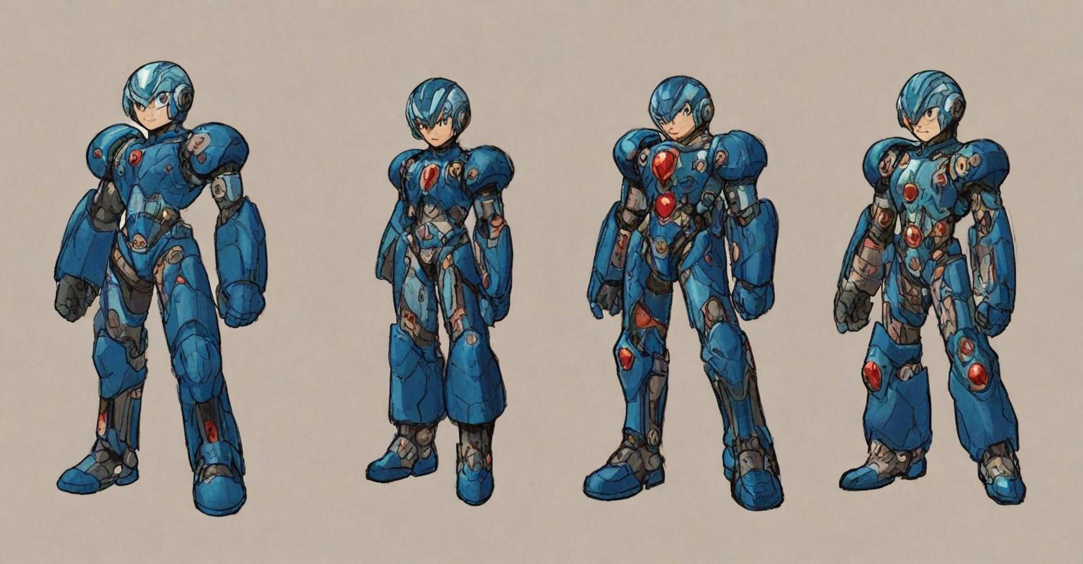 in kinu-sensei artstyle, Kinu Nishimura style, muted pastel colors, 1boy, solo, hardboiled, reploid, dynamic pose, The image showcases several iterations of the character Megaman X in his design from "Mega Man X8". This character, a Reploid, features a sleek, futuristic design with a predominantly blue color scheme and light blue highlights, "Futuristic Reploid, Megaman X design, kinu-sensei artstyle,in kinu-sensei artstyle
AI art prompts:
- "Futuristic Reploid, Megaman X design, blue and light blue color scheme, sleek and dynamic design, detailed armor, combat-ready, heroic stance, clean lines, mix of soft and hard shading."
- "Megaman X Reploid character design, angular features, youthful and approachable appearance, futuristic armor, red gem centerpiece, intricate details, heroic and combat-ready."
- "Reploid hero, sleek and futuristic, blue armor, light blue highlights, dynamic design, side profiles, detailed helmet, clean lines, soft and hard shading., in kinu-sensei artstyle