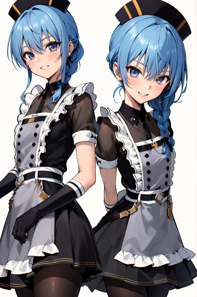 1girl, solo, detailed face, , , SuiseiMaid, long hair, single braid, black nurse cap, double-breasted grey apron, chest belt, elbow gloves, crinoline, (((black pantyhose))),,,,looking viewer,side ponytail,small breasts,ass,from back,,grin