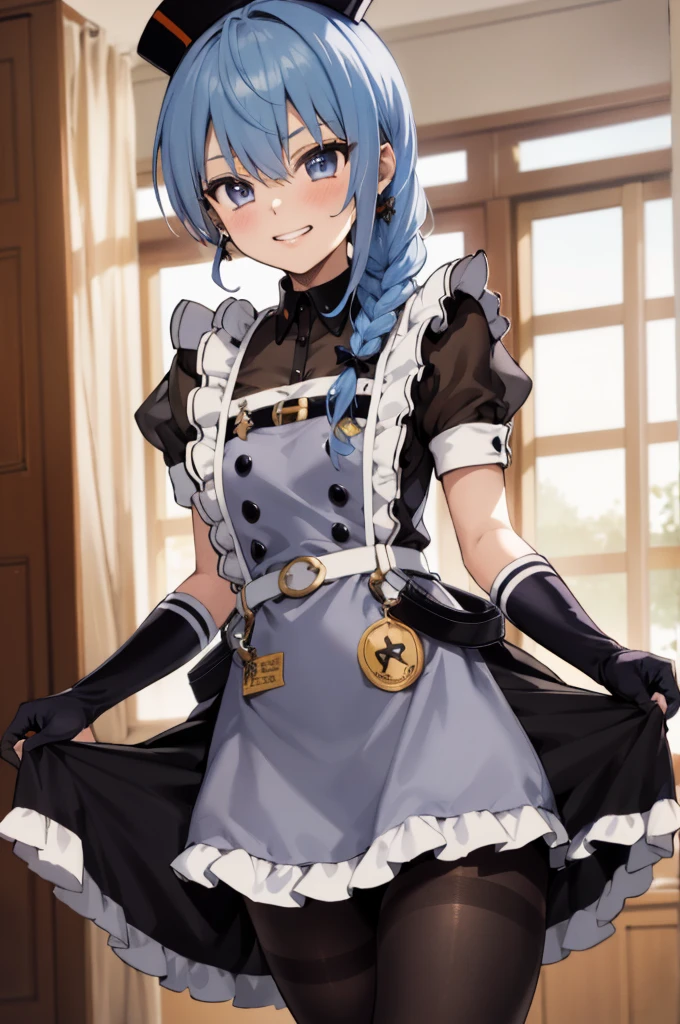 1girl, solo, detailed face, , , SuiseiMaid, long hair, single braid, black nurse cap, double-breasted grey apron, chest belt, elbow gloves, crinoline, (((black pantyhose))),,,,looking viewer,side ponytail,small breasts,ass,from back,,grin