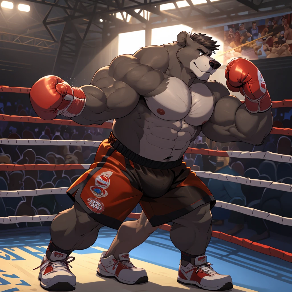 Baloo's training for the boxing championship, dark fur, thick arm, huge arm, Dark hair, muscular, huge pectoral, huge wide pectoral, realistic, 8k, masterpiece, correct anatomy (wearing black boxing shorts, boxing gloves and shirtless:1.3, topless, shoes) punching the punching bag, jungle book disney art