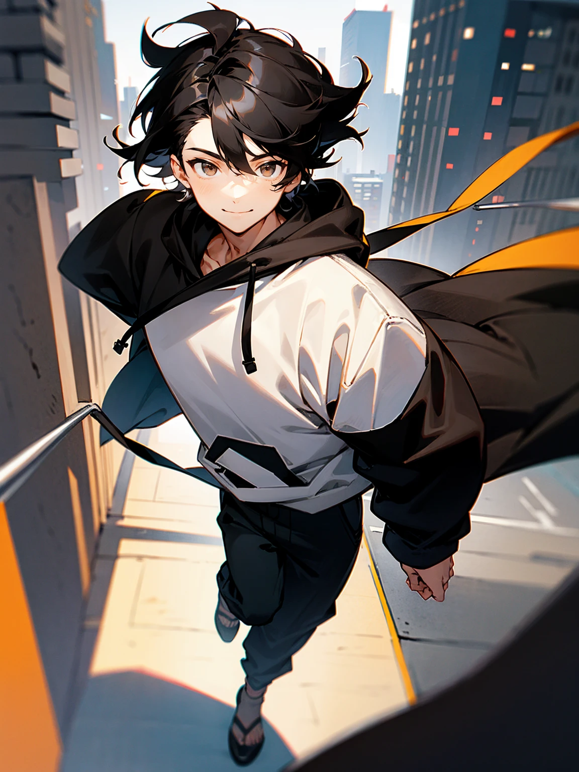 1male,black hair, sideswept hair, brown eyes, black and white hoodie, black baggy pants, smile, modern city