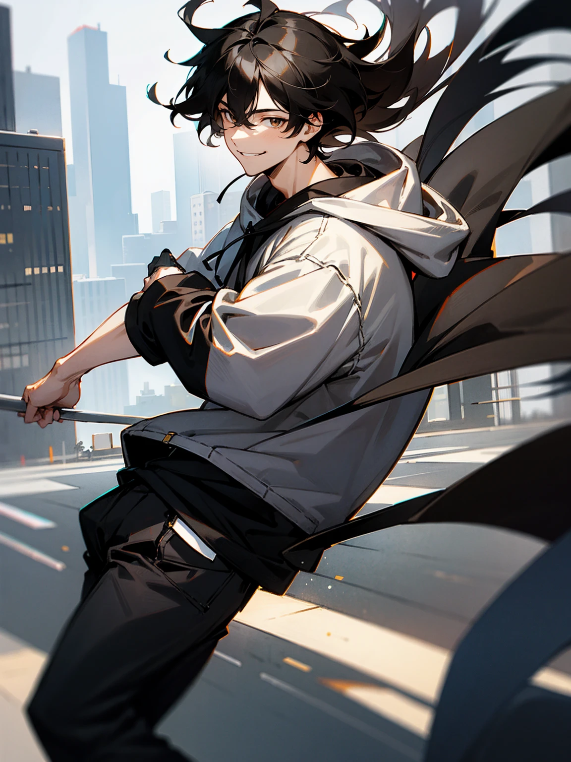1male,black hair, sideswept hair, brown eyes, black and white hoodie, black baggy pants, smile, modern city