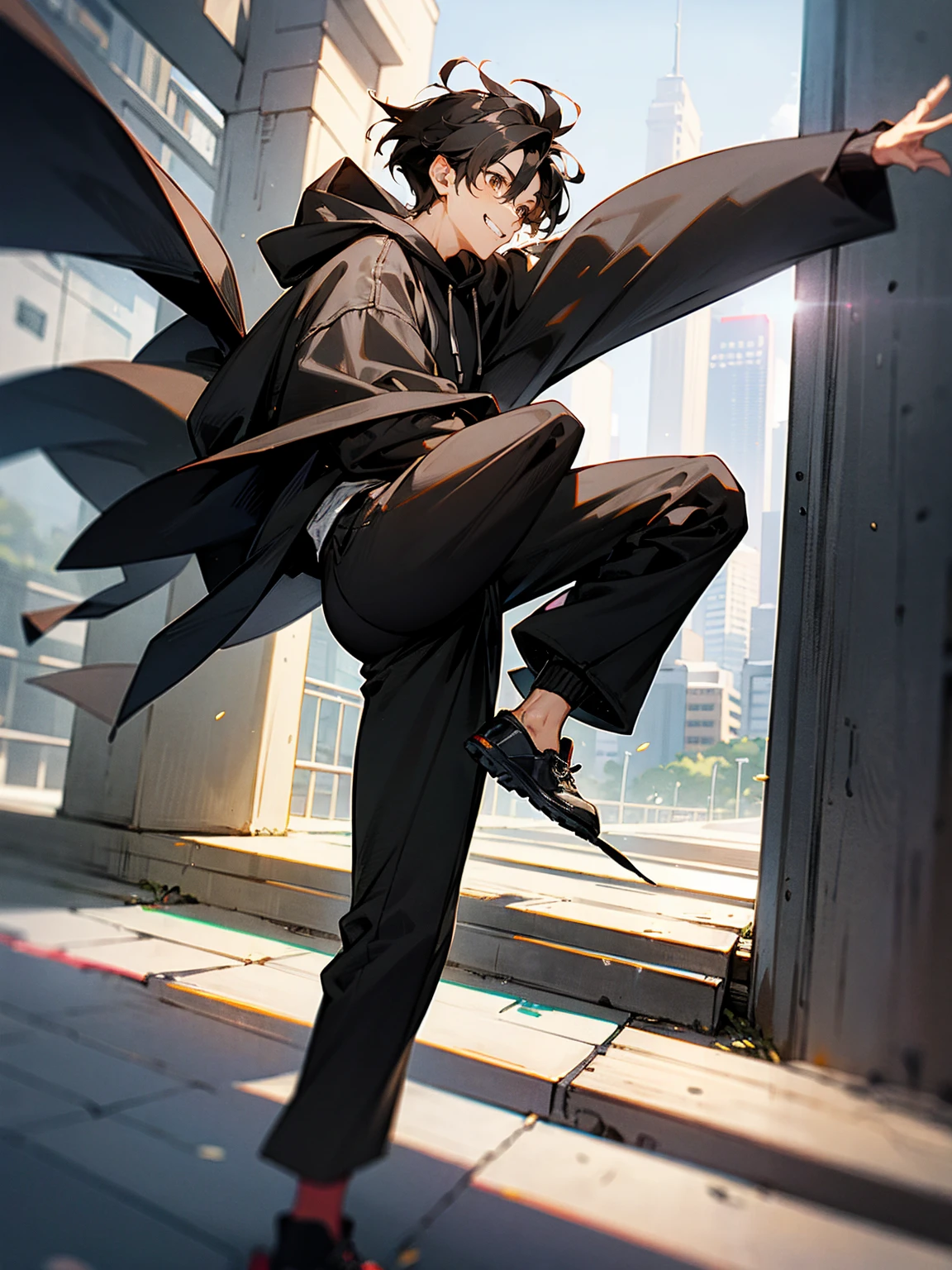 1male,black hair, sideswept hair, brown eyes, black and white hoodie, black baggy pants, smile, modern city