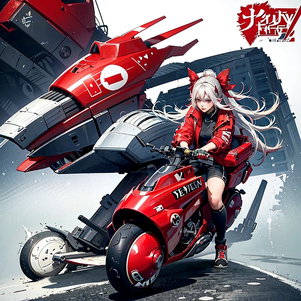 official art, unity 8k wallpaper, ultra detailed, beautiful and aesthetic, masterpiece, best quality, realistic, horns, blush, long hair, white hair, streaked hair, red eyes, hair bow, mole under eye, red akirabike, riding bike, night, cyberpunk city view, epic screen, ,