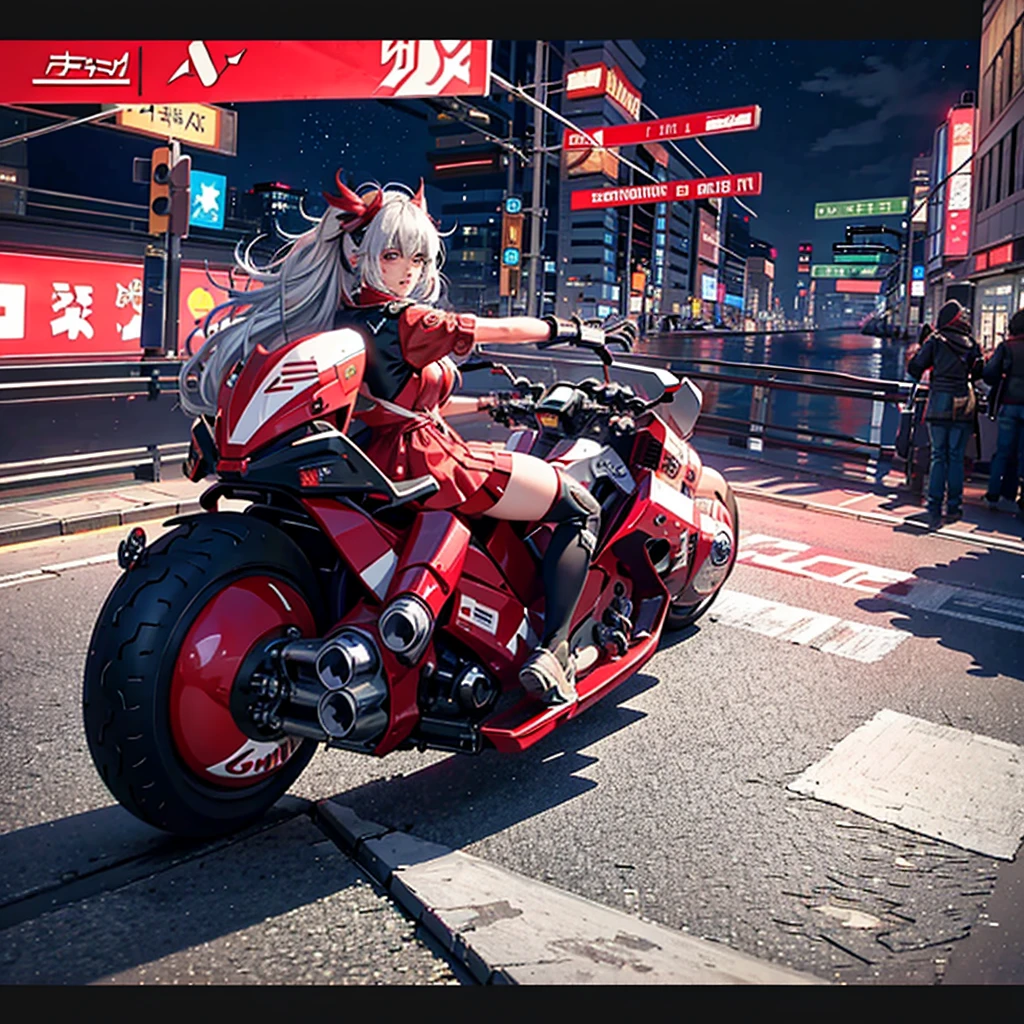 official art, unity 8k wallpaper, ultra detailed, beautiful and aesthetic, masterpiece, best quality, realistic, horns, blush, long hair, white hair, streaked hair, red eyes, hair bow, mole under eye,  red akirabike, riding bike, night, cyberpunk city view, epic screen, ,