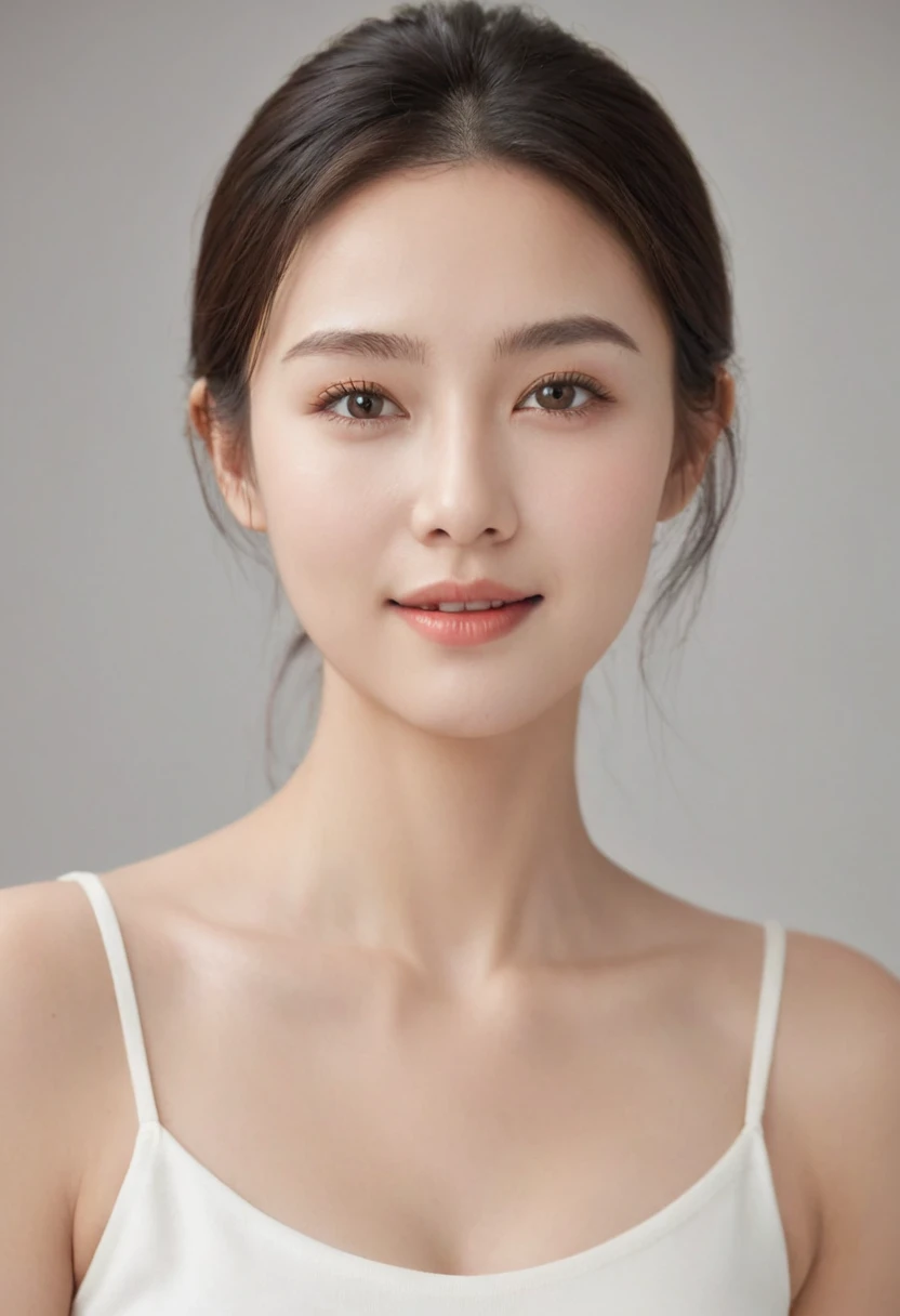 "Create a realistic image of a 22-year-old woman looking straight ahead. She has clear and smooth skin, with an even and healthy tone, no imperfections. Your hair is long, brown and wavy, falling gently on the shoulders. Her eyes are light brown, grandes e expressivos, with long eyelashes and well-defined eyebrows. She has an oval face, with slightly rosy cheeks and full lips with a subtle smile. She is wearing a simple blue blouse, with light, natural makeup, highlighting your natural beauty. The background of the image is neutral, preferably light in color, to highlight your facial features. Lighting is soft and even, no harsh shadows, to enhance skin texture and facial details."