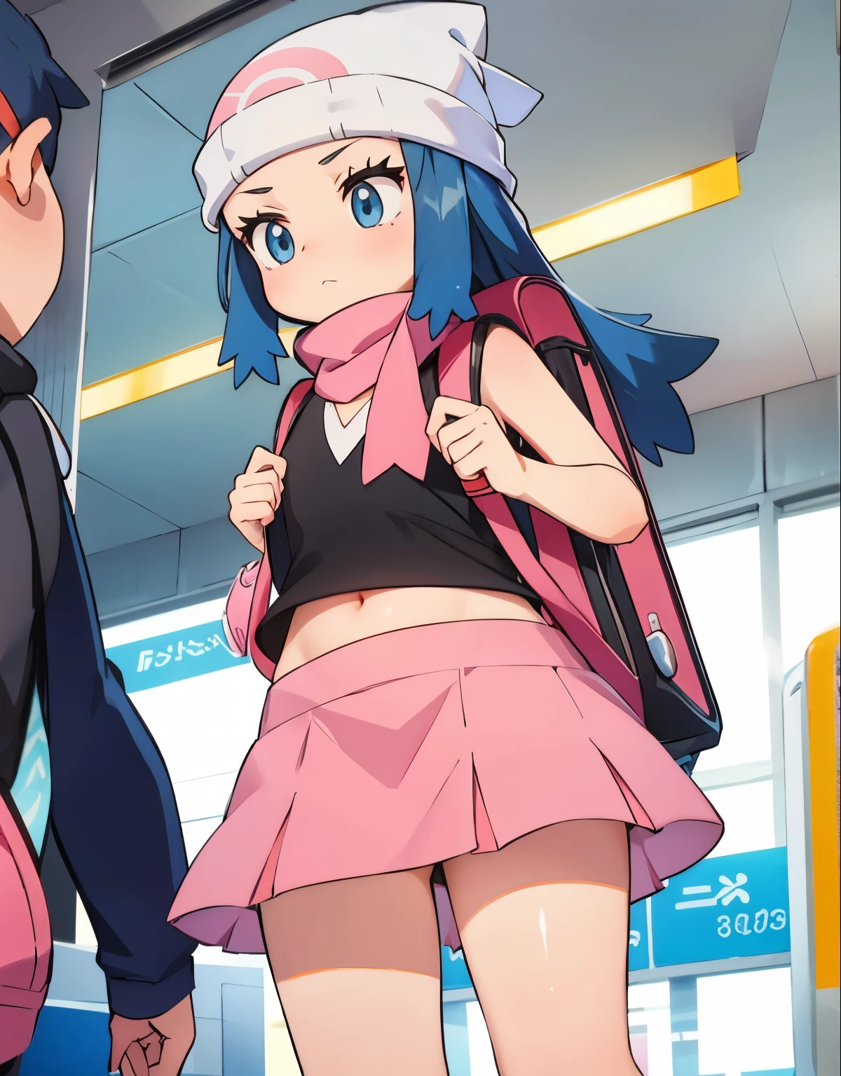 a girl looking at her cell phone, she carries a travel backpack, ,\(pokemon\), beanie, long hair, blue hair, blue eyes, detailed eyes, beautiful eyes, black sleeveless shirt, pink scarf, pink skirt, pink boots, body shape, chubby thighs, belly botton, Her expression shows that she is lost and confused., is in a train station, View from below