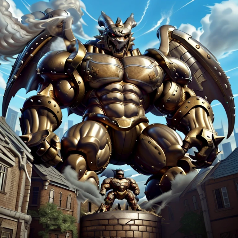 (Solo. masterpiece. official art. 8k. best quality. detailed full body. full body.)
(situation 1 : dominating exveemon. exveemon is over 1000 meters long. focus GIANT mechanical Muscular exveemon is trampling the city. Looking down. macro. stomp. Low-angle perspective. emphasizing the immense size. He is much bigger than a skyscraper. Giga Giants. looking down. foot focus, (soles:1.2))
(situation 2 :smoke and flames rising from the destruction in the city)
(Additional details 1: wearing a full-face helmet. golden armor. Armored Flazzard. Armored_Flazzard. high-tech bio-mecha armor. real texture material. whole body shines like metal. Wearing cyberpunk mecha. emphasizes the muscles. suit fully made of metal. intricate armor. Robotic suit. suit fully made of metal. cyborg. He is wearing a golden cloak.). FantasyKnightV1
(Additional details 2: (Detailed head. Detailed Body. Detailed abs. gigantic muscles. HYPER MUSCLES. Gigachad Muscular. big muscle. pecs. triceps. traps. unusually developed muscular body. body full of huge muscles. showing off muscles. pectorales enormes. Exaggeratedly huge muscles. huge muscles. long legs.).
(Additional details 3: Spread wings. It has wings. have big wings. The claws are sharp. Sharp teeth).