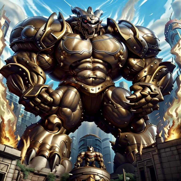 (Solo. masterpiece. official art. 8k. best quality. detailed full body. full body.)
(situation 1 : dominating exveemon. exveemon is over 1000 meters long. focus GIANT mechanical Muscular exveemon is trampling the city. Looking down. macro. stomp. Low-angle perspective. emphasizing the immense size. He is much bigger than a skyscraper. Giga Giants. looking down. foot focus, (soles:1.2))

(situation 2 :smoke and flames rising from the destruction in the city)

(Additional details 1: wearing a full-face helmet. golden armor. Armored Flazzard. Armored_Flazzard. high-tech bio-mecha armor. real texture material. whole body shines like metal. Wearing cyberpunk mecha. emphasizes the muscles. suit fully made of metal. intricate armor. Robotic suit. suit fully made of metal. cyborg. He is wearing a golden cloak.). FantasyKnightV1

(Additional details 2: (Detailed head. Detailed Body. Detailed abs. gigantic muscles. HYPER MUSCLES. Gigachad Muscular. big muscle. pecs. triceps. traps. unusually developed muscular body. body full of huge muscles. showing off muscles. pectorales enormes. Exaggeratedly huge muscles. huge muscles. long legs.).

(Additional details 3: Spread wings. It has wings. have big wings. The claws are sharp. Sharp teeth).