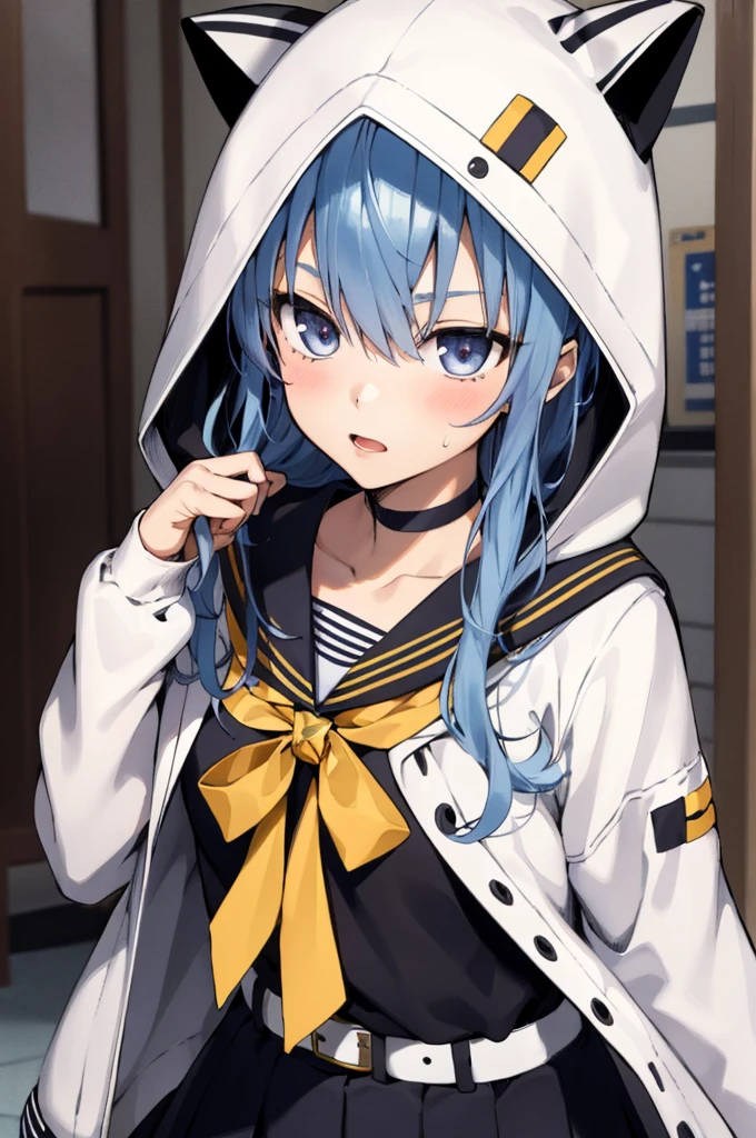 1girl, solo, detailed face,SuiseiSchool, long hair, black serafuku, black shirt, black choker, yellow bowtie, grey belt, black skirt, white jacket, hood up, cat hood, open jacket
