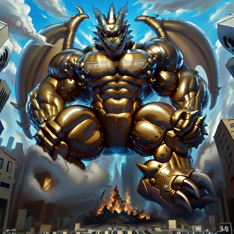 (Solo. masterpiece. official art. 8k. best quality. detailed full body. full body.)
(situation 1 : dominating exveemon. exveemon is over 1000 meters long. focus GIANT mechanical Muscular exveemon is trampling the city. Looking down. macro. stomp. Low-angle perspective. emphasizing the immense size. He is much bigger than a skyscraper. Giga Giants. looking down. foot focus, (soles:1.2))
(situation 2 :smoke and flames rising from the destruction in the city)
(Additional details 1: wearing a full-face helmet. golden armor. Armored Flazzard. Armored_Flazzard. high-tech bio-mecha armor. real texture material. whole body shines like metal. Wearing cyberpunk mecha. emphasizes the muscles. suit fully made of metal. intricate armor. Robotic suit. suit fully made of metal. cyborg. He is wearing a golden cloak.). FantasyKnightV1
(Additional details 2: (Detailed head. Detailed Body. Detailed abs. gigantic muscles. HYPER MUSCLES. Gigachad Muscular. big muscle. pecs. triceps. traps. unusually developed muscular body. body full of huge muscles. showing off muscles. pectorales enormes. Exaggeratedly huge muscles. huge muscles. long legs.).
(Additional details 3: Spread wings. It has wings. have big wings. The claws are sharp. Sharp teeth).