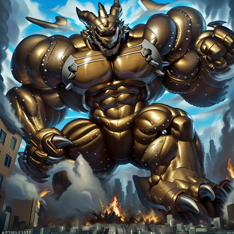 (Solo. masterpiece. official art. 8k. best quality. detailed full body. full body.)
(situation 1 : dominating exveemon. exveemon is over 1000 meters long. focus GIANT mechanical Muscular exveemon is trampling the city. Looking down. macro. stomp. Low-angle perspective. emphasizing the immense size. He is much bigger than a skyscraper. Giga Giants. looking down. foot focus, (soles:1.2))

(situation 2 :smoke and flames rising from the destruction in the city)

(Additional details 1: wearing a full-face helmet. golden armor. Armored Flazzard. Armored_Flazzard. high-tech bio-mecha armor. real texture material. whole body shines like metal. Wearing cyberpunk mecha. emphasizes the muscles. suit fully made of metal. intricate armor. Robotic suit. suit fully made of metal. cyborg. He is wearing a golden cloak.). FantasyKnightV1

(Additional details 2: (Detailed head. Detailed Body. Detailed abs. gigantic muscles. HYPER MUSCLES. Gigachad Muscular. big muscle. pecs. triceps. traps. unusually developed muscular body. body full of huge muscles. showing off muscles. pectorales enormes. Exaggeratedly huge muscles. huge muscles. long legs.).

(Additional details 3: Spread wings. It has wings. have big wings. The claws are sharp. Sharp teeth).