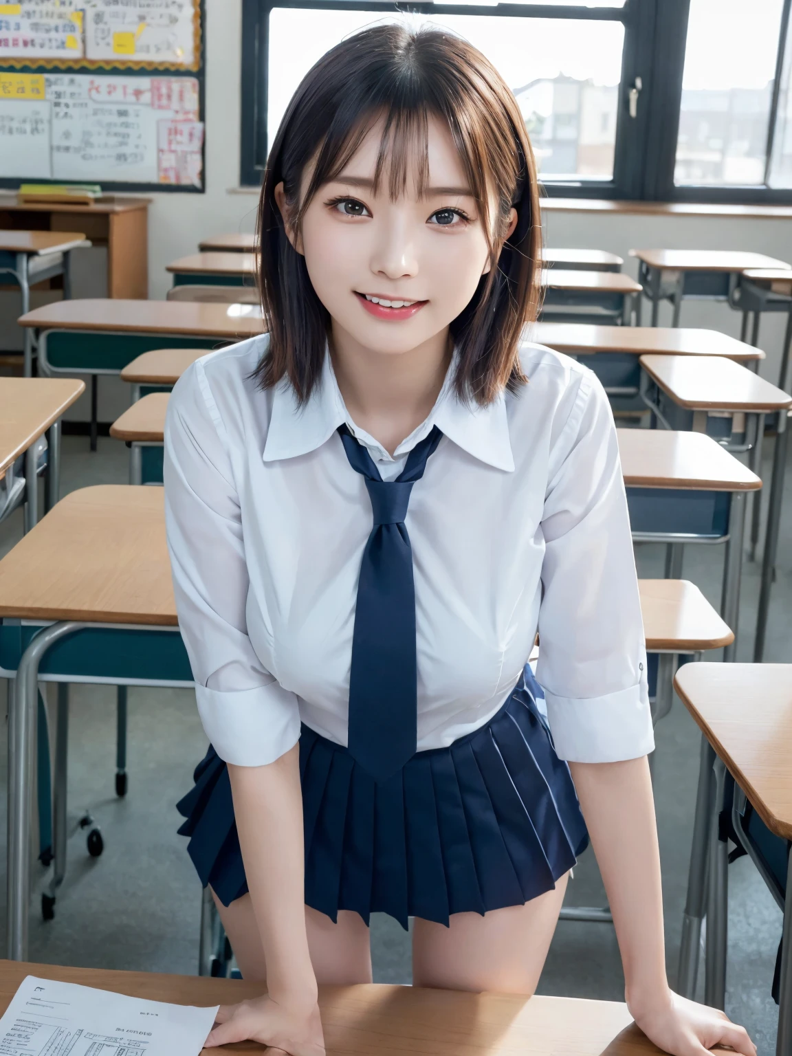 Tabletop, Highest quality, Japanese girl,One Girl, 8K, RAW Photos, Highest quality, Tabletop, んdebtdebt:1.2, Highly detailed RAW color photos, Professional Photos, (Realistic, Realistic:1.37), (Highly detailed skins:1.2), Ultra-high resolution, (Lenz 50mm), (debt/1.2),Exquisitely drawn eyes,Staring at the audience,
Break with one girl (Many elderly people:1.4), Beautiful Face, cute,(smile:1.05),(20-year-old, Large Breasts, Wide Hips,Straight hair, (short hair), Iris, White and beautiful skin,Small Mouth, high cheekbones (meaning), Sexy pose,(Leaning forward:1.3),(The to the debtW:1.1),White panties、Korean Idol、Nogizaka idol、Gravure idol pose、adult、、(Tabletop, Highest quality:1.3), (Ultra detailed 8K cg:1.2), (超Realisticな:1.35), (Realistic:1.45), (Realistic:1.4), Cowboy Shot,
A beautiful Japanese woman, 22 years old, Supermodel, Japanese Idols, __Performance__, Large Breasts, (sitting on desk:1.1), (school uniform:1.4), (Spread your legs:1.2),
(School classroom background:1.1),