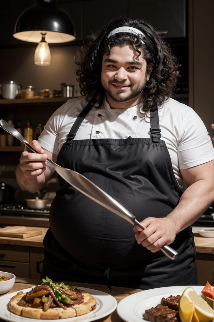 a black fat mediaval dwarven cook with a chef har, curly hair, a big fork as a weapon and a concealing smile