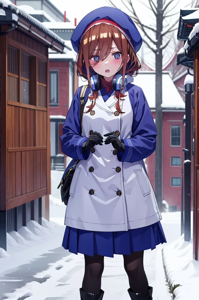 Mikunakano, miku nakano, Long Hair, bangs, blue eyes, Brown Hair, shirt, Hair between the eyes,blush, Open your mouth,White Breath,Scarf,Headphones around neck,Knitted hat,Blue long coat,V-neck sweater,Long skirt,Black pantyhose,short boots,Fluffy gloves,Standing leaning against a wall,Snow is piled up,It's snowing,whole bodyがイラスト入るように,Hidden in a building with a roof,
break outdoors, Building district,
break looking at viewer, whole body,
break (masterpiece:1.2), Highest quality, High resolution, unity 8k wallpaper, (figure:0.8), (Beautiful attention to detail:1.6), Highly detailed face, Perfect lighting, Highly detailed CG, (Perfect hands, Perfect Anatomy),