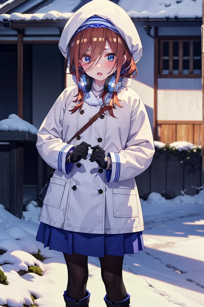 Mikunakano, miku nakano, Long Hair, bangs, blue eyes, Brown Hair, shirt, Hair between the eyes,blush, Open your mouth,White Breath,Scarf,Headphones around neck,Knitted hat,Blue long coat,V-neck sweater,Long skirt,Black pantyhose,short boots,Fluffy gloves,Standing leaning against a wall,Snow is piled up,It's snowing,whole bodyがイラスト入るように,Hidden in a building with a roof,
break outdoors, Building district,
break looking at viewer, whole body,
break (masterpiece:1.2), Highest quality, High resolution, unity 8k wallpaper, (figure:0.8), (Beautiful attention to detail:1.6), Highly detailed face, Perfect lighting, Highly detailed CG, (Perfect hands, Perfect Anatomy),