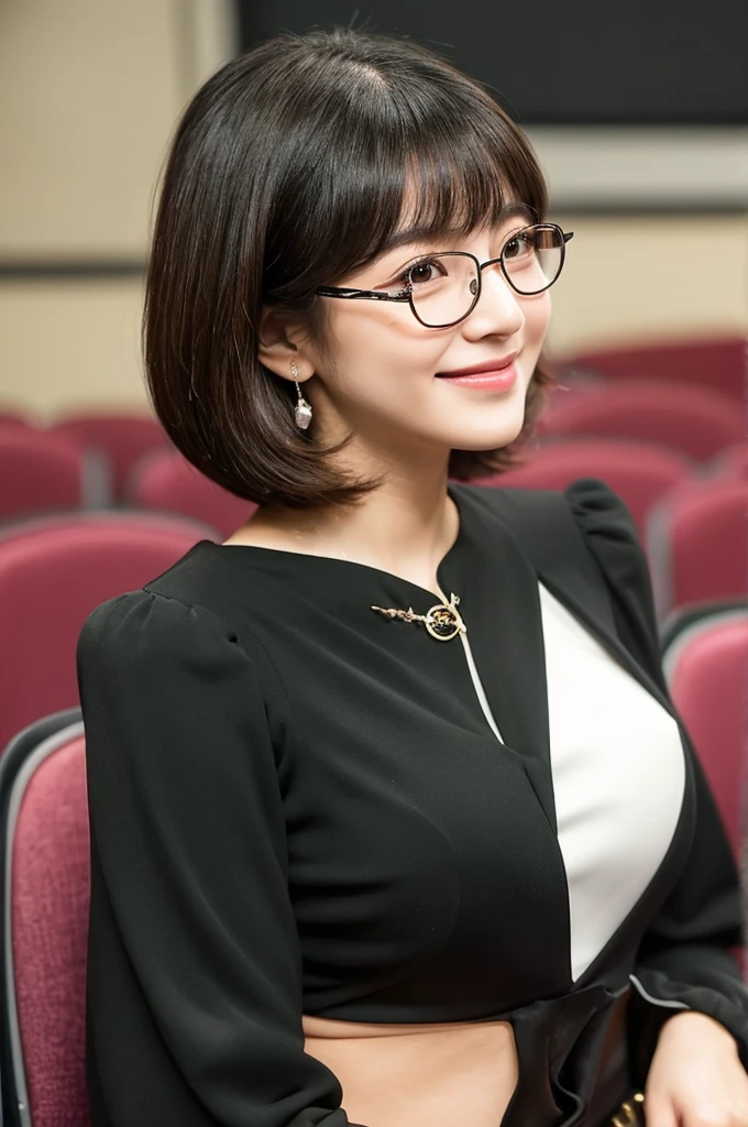 Adult sex appeal、Sexy female scholar、University lecture hall, university psychology associate professor, ((full body)), ((photo)), ((best qualtiy, 8K, tmasterpiece:1.3)), Focus:1.2, perfect figure beautiful woman:1.41woman, cowboy shot, look at viewer, eyes facing the camera, incredibly absurd, beautiful and cute woman with a photorealistic face, showcasing top-quality craftsmanship, A Japanese woman giving a lecture at a university lecture hall, 27 years old, with a bob cut and flipped hair, short bangs swept at an angle, smooth and shiny hair, natural hairline, fair and smooth skin, plump and healthy cheeks, large, jet black eyes, round eyes, long and upward-facing eyelashes, double eyelids, thin and straight eyebrows, small and round nose, plump lips, upturned corners of the mouth, charming smile, cute face, glamorous, well-balanced proportions, tall, beautiful D-cup breasts, silver-rimmed glasses, pink blouse, black tight skirt, fashion with a waist-marked silhouette, scarf, heeled shoes, vanilla perfume, beautiful, pretty older woman, glasses suit her, knowledgeable, playful, curious, smart, elegant, November