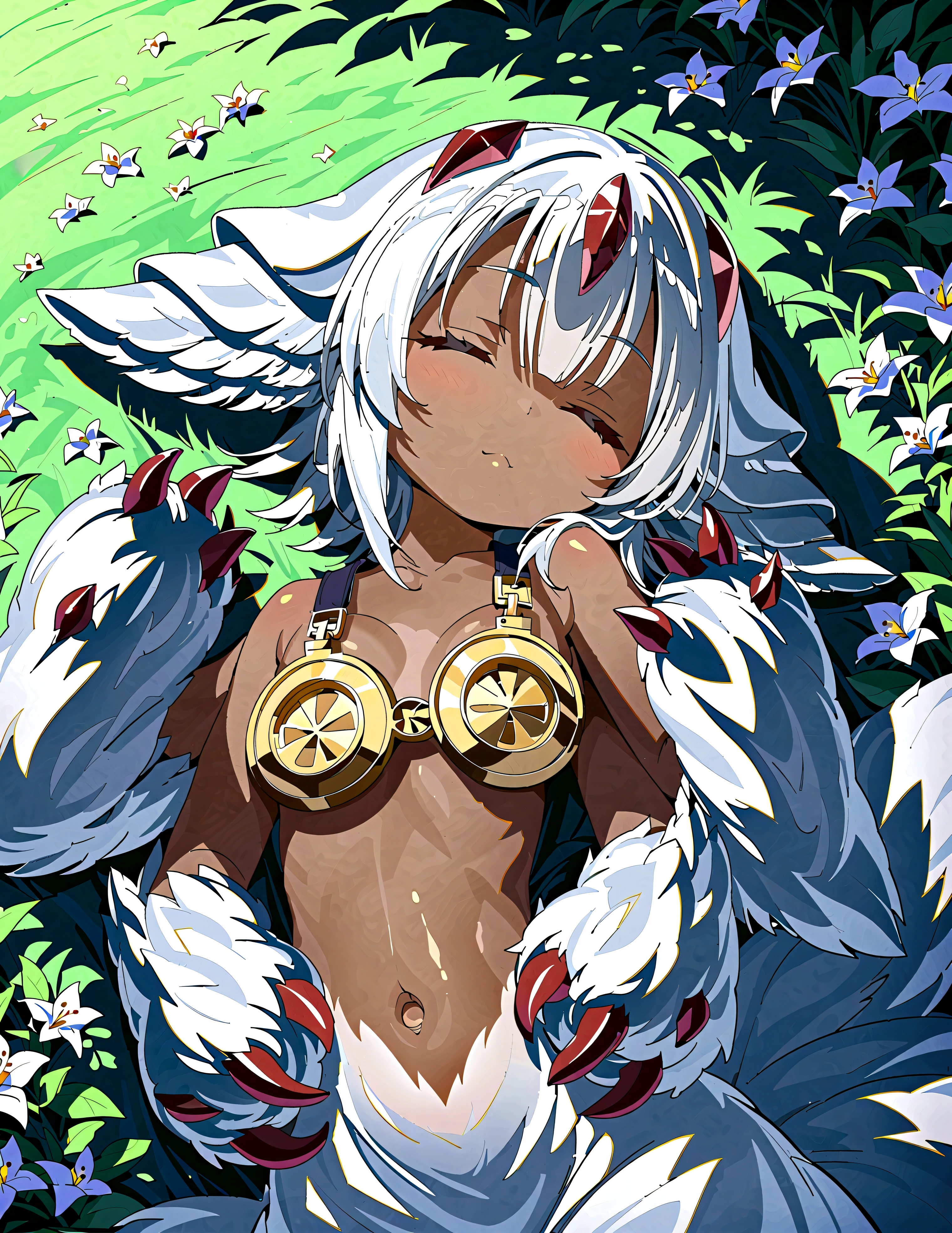 score_9, score_8_up, score_7_up, score_6_up, score_5_up, score_4_up, source_anime,source_furry,rating_safe,rating_questionable,masterpiece, best quality, perfect anatomy , very aesthetic , absurdres , BREAK ,solo,1girl\(Faputa\(made in abyss\),chibi,dark skin,dark-skinned girl,white hair,short hair,(4arms:1.3),red claws,multiple tails,eyes closed sleeping,white fur,animal ears,metal bra with no strap,age of 8,,sleeping,she is the princess of abyss,\) is (Curled-up and sleeping:1.5), BREAK ,background\(magnificent spectacle nature,strange flowers\), BREAK ,quality\(8k,wallpaper of extremely detailed CG unit, ​masterpiece,hight resolution,top-quality,top-quality real texture skin,hyper realisitic,increase the resolution,RAW photos,best qualtiy,highly detailed,the wallpaper,cinematic lighting,ray trace,golden ratio\),[nsfw:1.5],dynamic angle,
