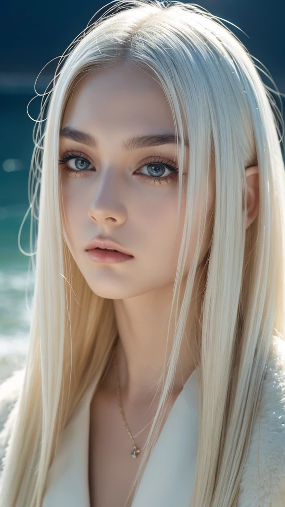 masterpiece, Highest quality, (alone focus), (Perfect Face:1.1), (High detail:1.1), (Ultra-detailed eyes), dramatic, 1 person, (Pale skin), Long white hair, Psychic Eyes, (Thin eyebrows), alone, Long Hair, Tiago Azevedo, moon, night, White luxury suit, Pouting, fur, Proud look,Beach, Detailed Background, Art by artgerm, Cinema Lighting, rose, fashion, Balenciaga Style、Alluring expression、Clothes are open