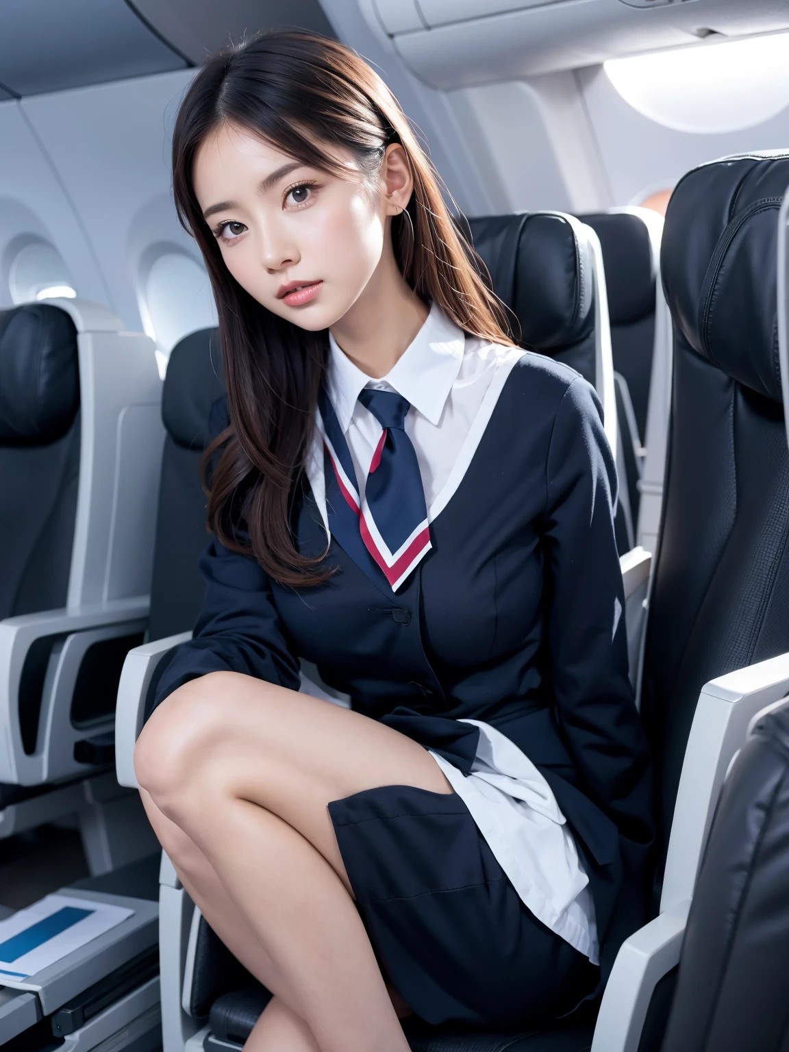 Highest quality, masterpiece, 8K, Ultra-high resolution, (Realistic: 1.4), 1 Girl, Beautiful Face, Symmetrical eyes, big, Perfect Body Proportions, Stewardess Uniform, Viewer Perspective, (On the plane: 1.2), Front view, Shoulder jumps, Absolute area (1.3),