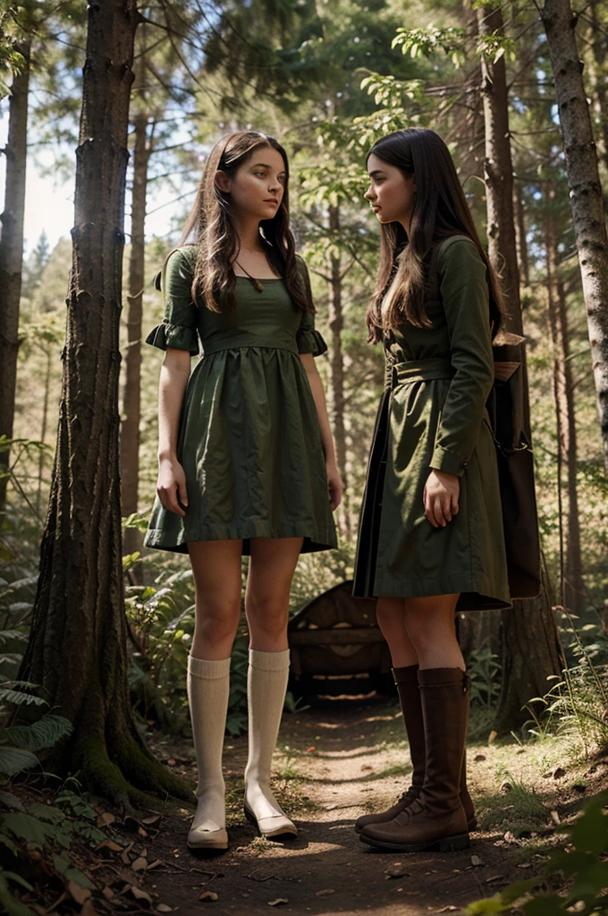 Illustration for a fairy tale about a girl, standing in the forest, who can talk to animals