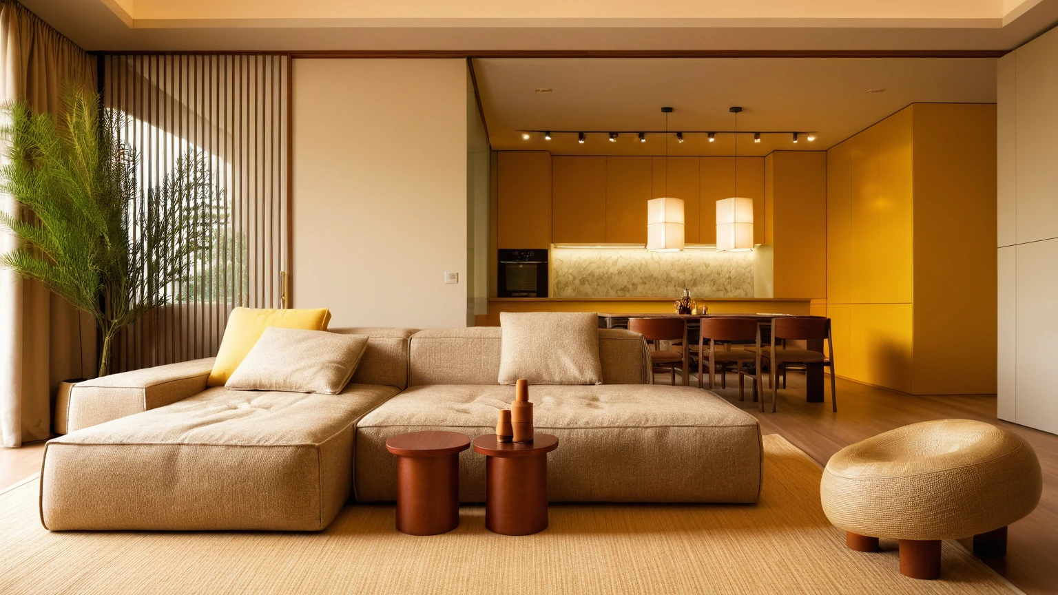 Raw photo,Masterpiece, high quality, brown yellow tone:1.3 best quality:1.5, authentic, super detail:1.8, interior, modern wabisabi livingroom :1.5, sunset, day light, sofa, tea table, carpet, flower vase on tea table, wine bottle, tray, armchair, wine cabinet, books, glass cabinet doors, snake plant pot, in đà nẵng, Hàn river view window, downlight, flatcelling:1.3