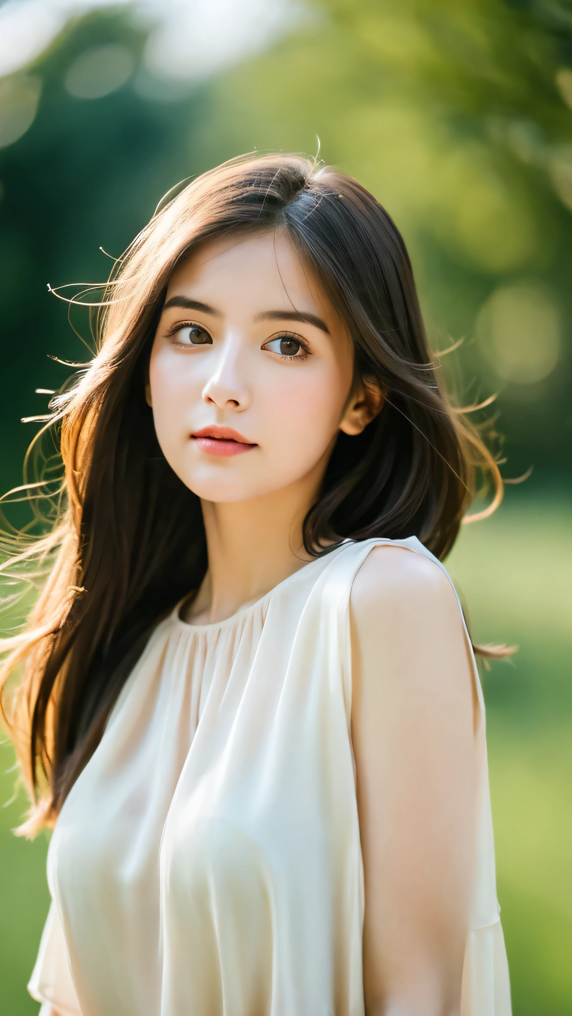 (Random Nationality):1.5, masterpiece, Highest quality, 8K, 20th Generation, (Large Breasts:1.2), cute, alone, sad, close, cute, Girlish, Delicate girl, Pure beauty, RAW Photos, Professional photography, Portraiture, Soft Light, Professional Lighting, Backlight, Upper Body, avert your eyes, Sophisticated, Film Grain, (Eyes and facial details:1.0), Beautiful straight hair, Hair swaying in the wind, Silk blouse, Random hairstyle