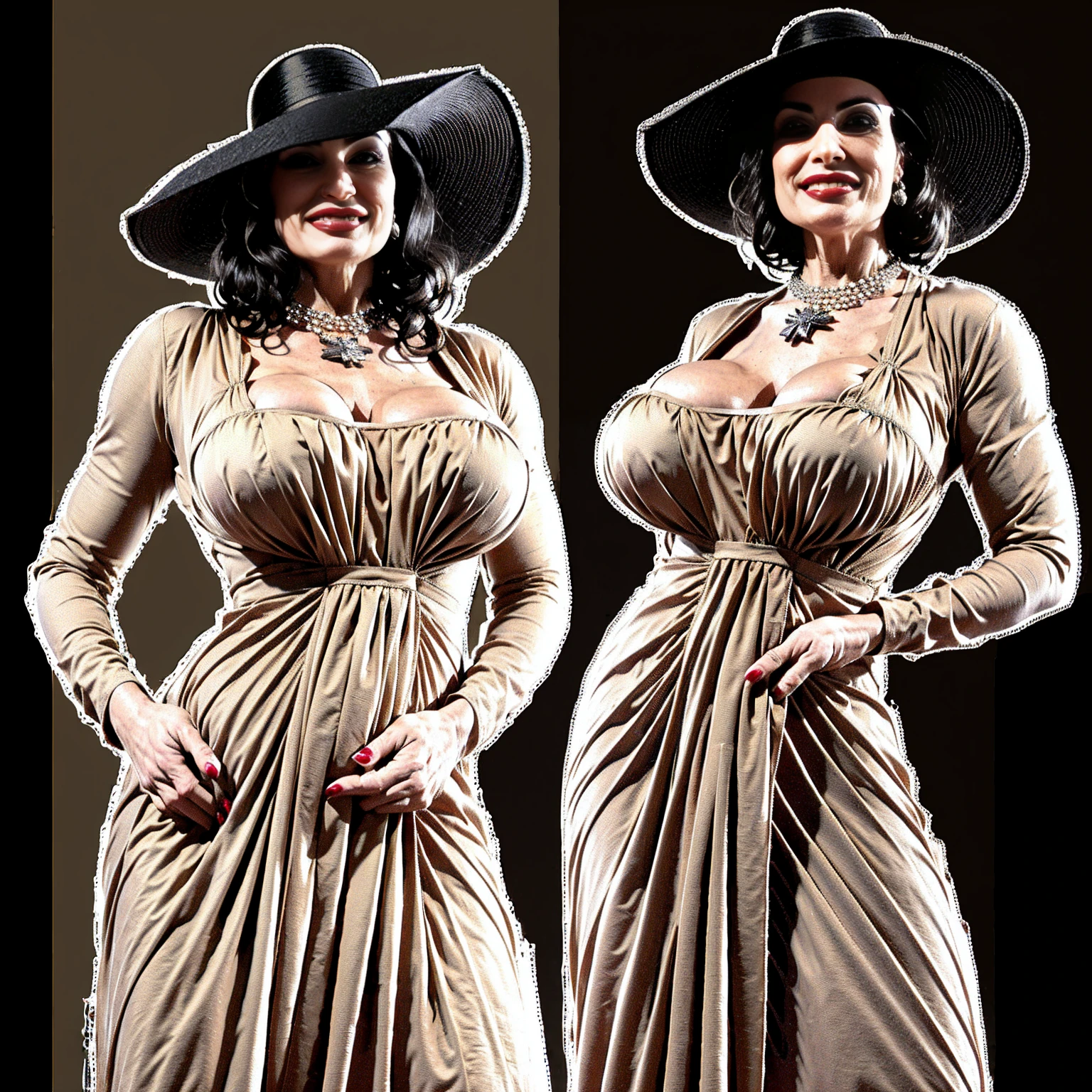 Lisa Ann, realistic,beautiful mature woman,looking at viewer,perfect lighting,(full body,standing,wide shot), lady dimitrescu,(wearing a beige dress),indoors castle background,large black hat, necklace,short hair,black flower on chest,red lips, amber eyes,pale skin,smile, milf, mature female, large breasts, plump