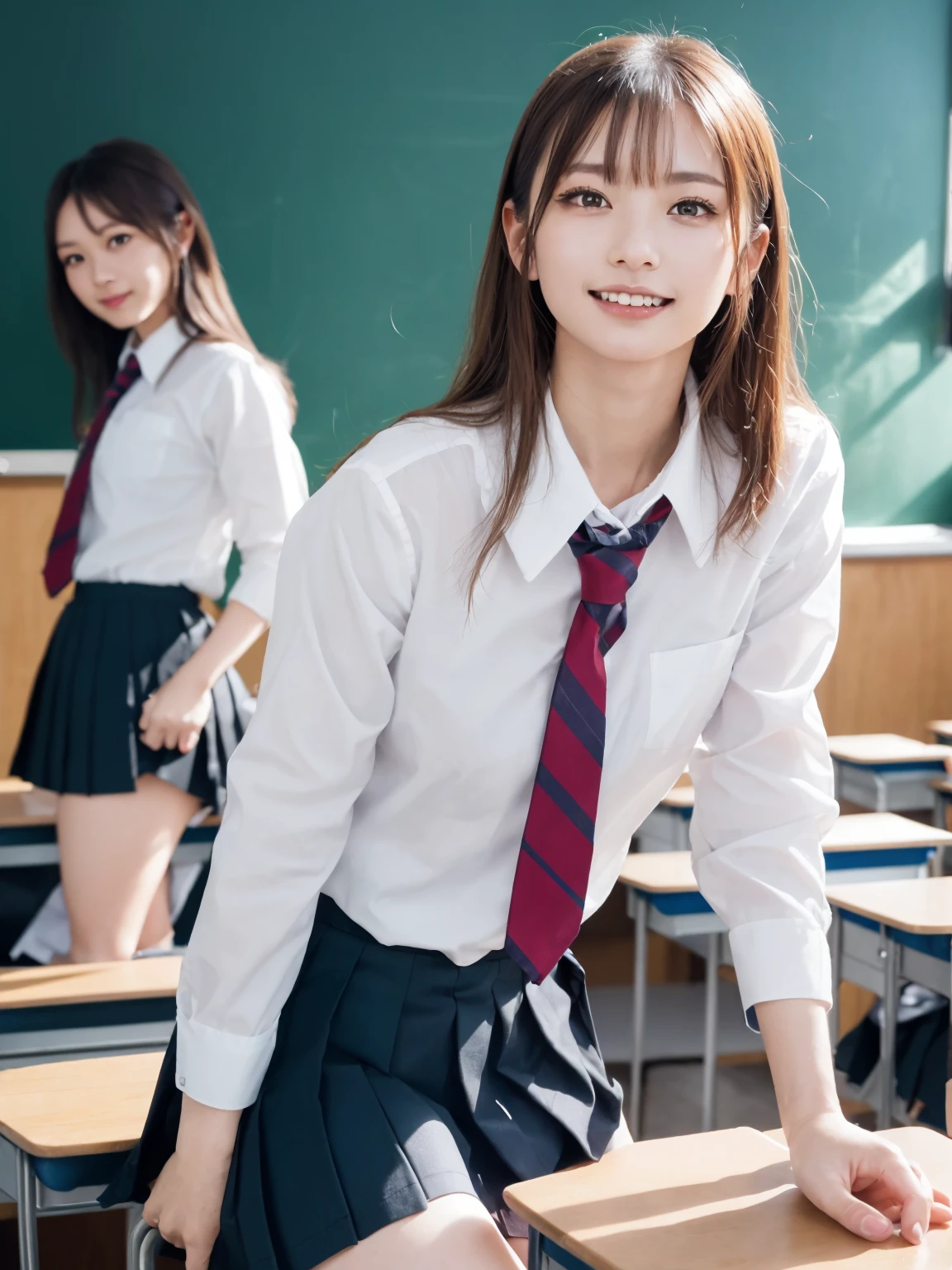 Tabletop, Highest quality, Japanese girl,One Girl, 8K, RAW Photos, Highest quality, Tabletop, んdebtdebt:1.2, Highly detailed RAW color photos, Professional Photos, (Realistic, Realistic:1.37), (Highly detailed skins:1.2), Ultra-high resolution, (Lenz 50mm), (debt/1.2),Exquisitely drawn eyes,Staring at the audience,
Break with one girl (Many elderly people:1.4), Beautiful Face, cute,(smile:1.05),(20-year-old, Wide Hips,Straight hair, (short hair), Iris, White and beautiful skin,Small Mouth, high cheekbones (meaning), Sexy pose,(Leaning forward:1.3),(The to the debtW:1.1),White panties、Korean Idol、Nogizaka idol、Gravure idol pose、adult、、(Tabletop, Highest quality:1.3), (Ultra detailed 8K cg:1.2), (超Realisticな:1.35), (Realistic:1.45), (Realistic:1.4), Cowboy Shot,
A beautiful Japanese woman, 22 years old, Supermodel, Japanese Idols, , (sitting on desk:1.1), (school uniform:1.4), (Skirt flip:1.6),
(School classroom background:1.1),