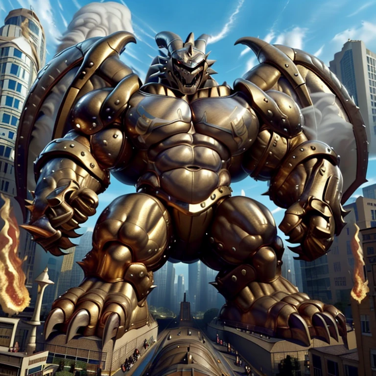 (Solo. masterpiece. official art. 8k. best quality. detailed full body. full body.)
(situation 1 : dominating exveemon. exveemon is over 1000 meters long. focus GIANT mechanical Muscular exveemon is trampling the city. Looking down. macro. stomp. Low-angle perspective. emphasizing the immense size. He is much bigger than a skyscraper. Giga Giants. looking down. foot focus, (soles:1.2))

(situation 2 :smoke and flames rising from the destruction in the city)

(Additional details 1: wearing a full-face helmet. golden armor. Armored Flazzard. Armored_Flazzard. high-tech bio-mecha armor. real texture material. whole body shines like metal.). 

(Additional details 2: (Detailed head. Detailed Body. Detailed abs. gigantic muscles. HYPER MUSCLES. Gigachad Muscular. big muscle. pecs. triceps. traps. unusually developed muscular body. body full of huge muscles. showing off muscles. pectorales enormes. Exaggeratedly huge muscles. huge muscles. long legs.).

(Additional details 3: Spread wings. It has wings. have big wings. The claws are sharp. Sharp teeth).