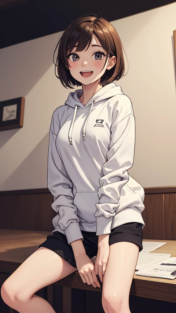 (((masterpiece, best quality, ultra highres, 1 girl, solo, no background))), super detailed skin and face and eyes and finger, beautiful japanese woman, small breasts:1.5, skinny, light brown hair, white background, very short pixie hair, (an illustration of girl), Knee shot, Generate with illustrations, Various expressions, Various poses, Please draw the entire character within the frame, ensuring that the head, arms, and legs are not cut off. The background should be simple, with the character positioned centrally, outline, anime, hoodie, laugh, boyish,