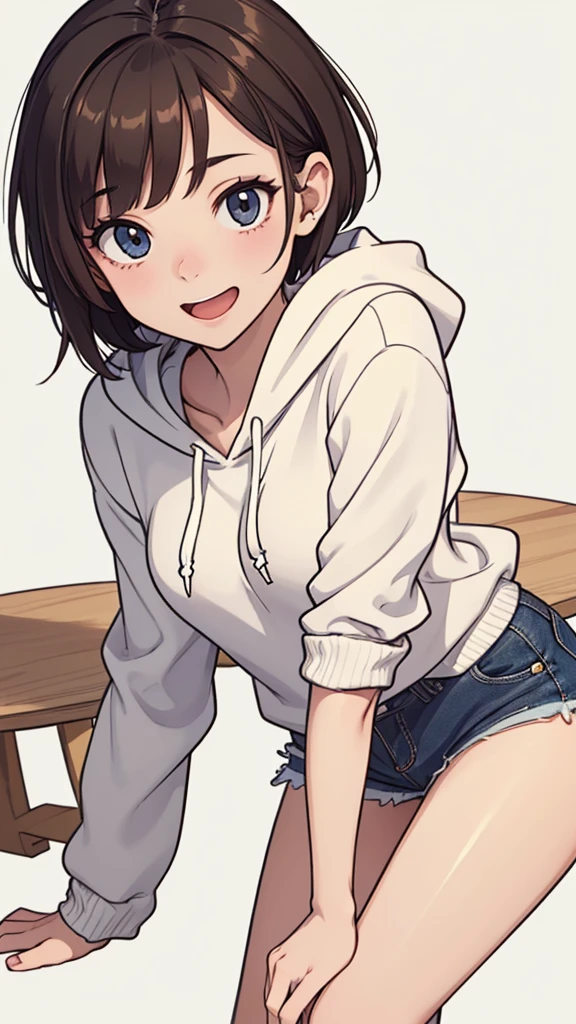 (((masterpiece, best quality, ultra highres, 1 girl, solo, no background))), super detailed skin and face and eyes and finger, beautiful japanese woman, small breasts:1.5, skinny, light brown hair, white background, very short pixie hair, (an illustration of girl), Knee shot, Generate with illustrations, Various expressions, Various poses, Please draw the entire character within the frame, ensuring that the head, arms, and legs are not cut off. The background should be simple, with the character positioned centrally, outline, anime, hoodie, laugh, boyish,